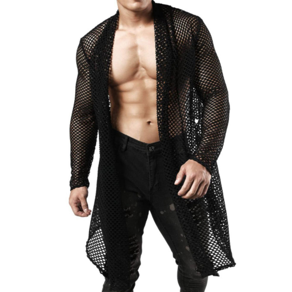 Herren-Übergröße, Schalkragen, Cut-Out, lange Strickjacke, Netzstoff, durchsichtig, Langarmshirt_voghion.com