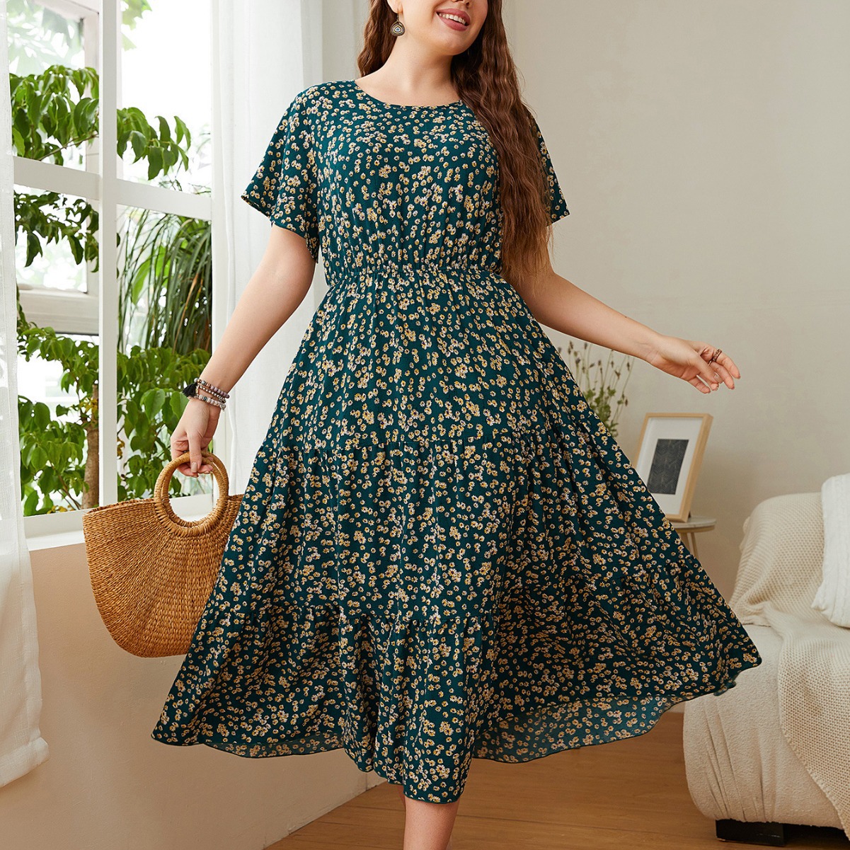 Vestito donna stampato ampio plus size abito casual estivo_voghion.com