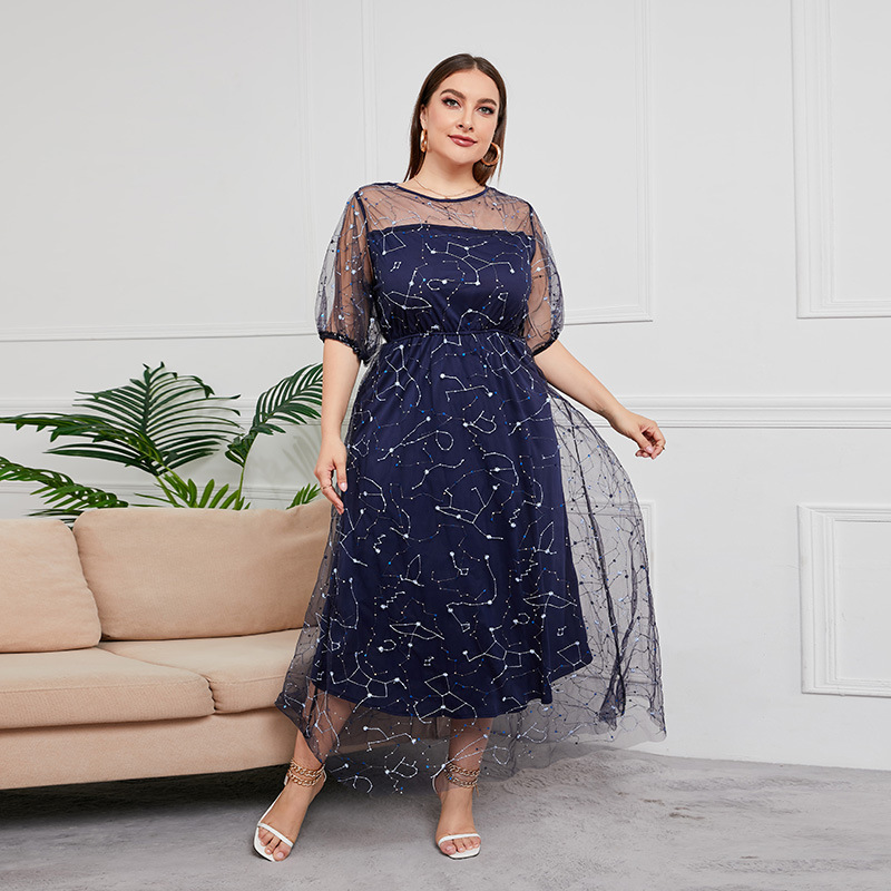 Women's plus size dress dress female mesh banquet party long dress 200 pounds to wear_voghion.com
