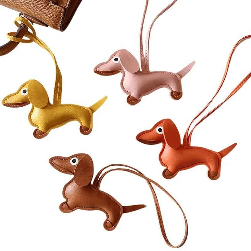 Portachiavi multicolore in pelle classica a forma di piccolo cane, simpatico ciondolo a forma di salsiccia, ciondolo per cellulare, treppiede, portachiavi, accessori_voghion.com