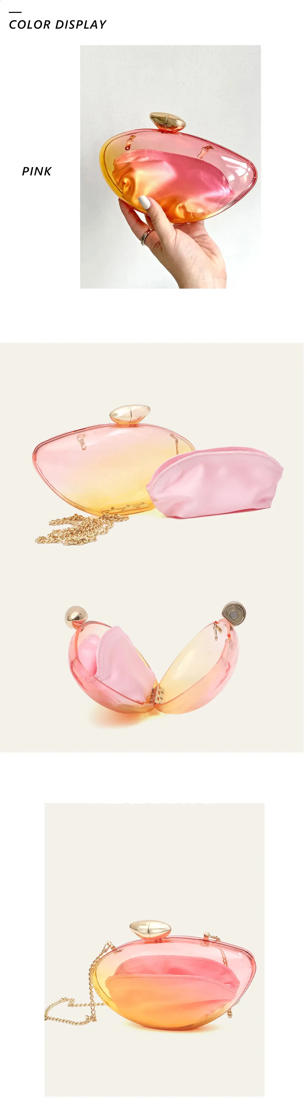 CEZIRA Borsa a mano in acrilico trasparente da donna Borsa da sera alla moda con sfumatura di colore Borsa a tracolla con catena in metallo dorato_voghion.com