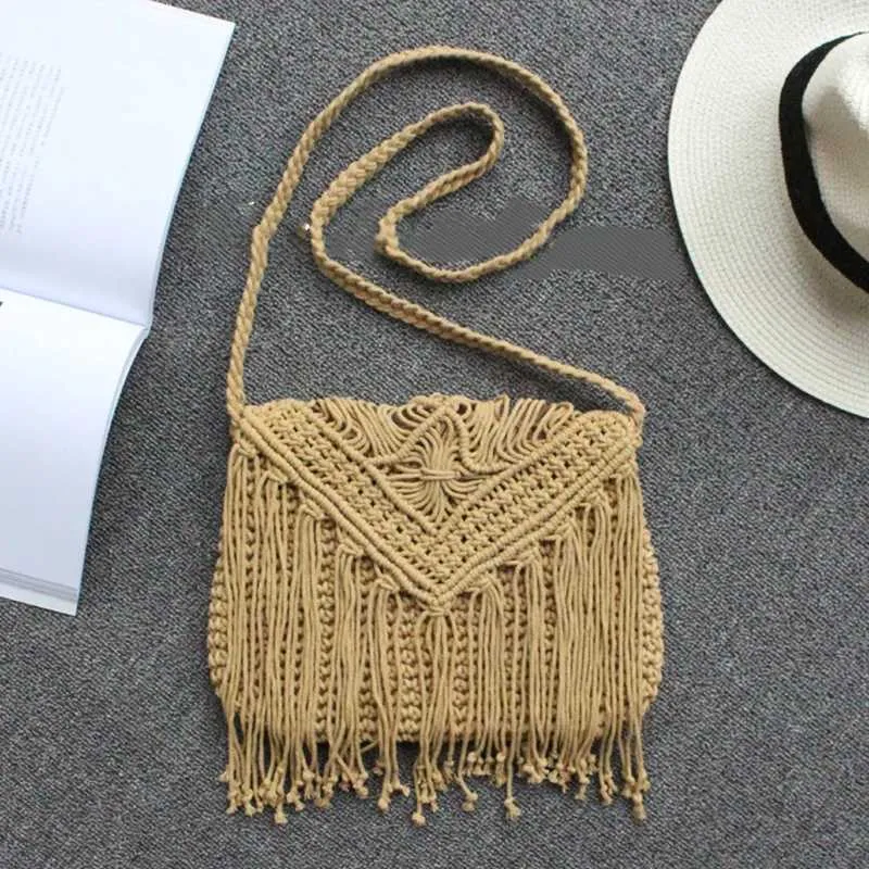 Handmade Cotton Woven Knitted Crossbody Bag With Tassels Vintage_voghion.com