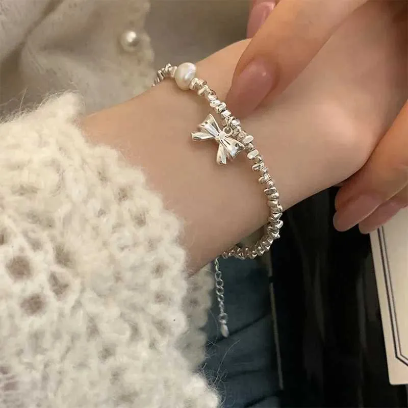 Pearl Bow Charm Bracelet For Women Sterling Silver Double Layer_voghion.com