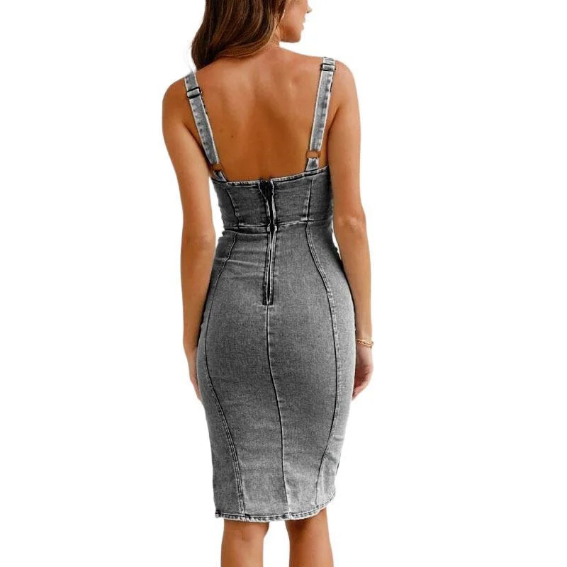 Women's Clothing Short Sleeved U Neck Suspenders Distressed Casual Style Denim Dress_voghion.com