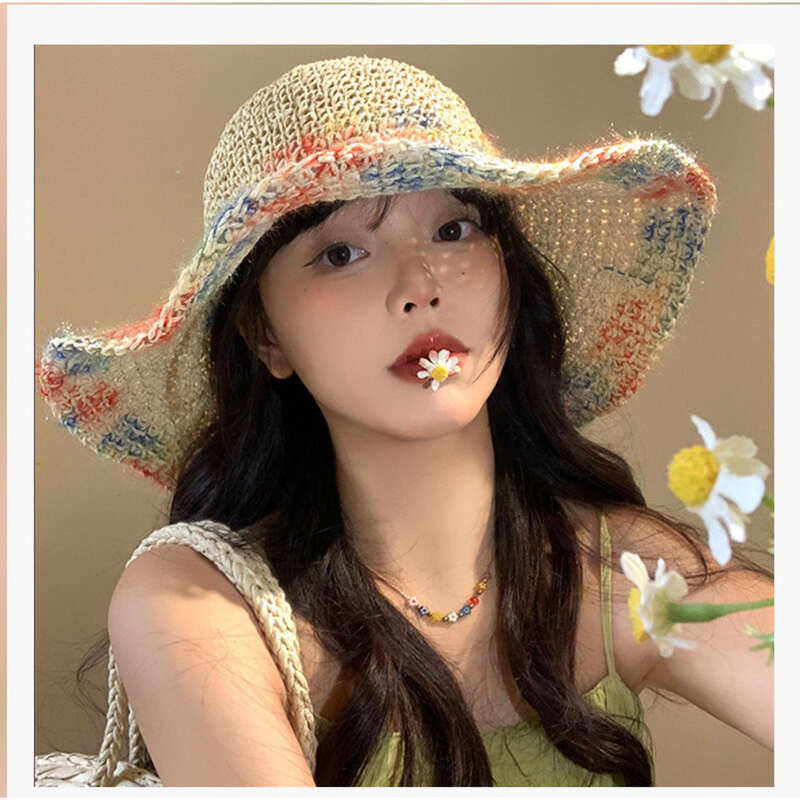 Grass Women's Summer Colorful Weaving Beach Holiday Sunshade And Sunscreen Breathable Hollow Large Brim Showcasing Face_voghion.com