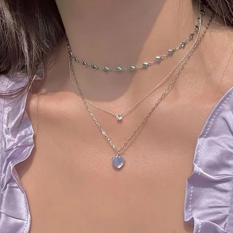 2024 Trendigt Hjärthänge Halsband Opal Metall Sier Färg Flerskiktad För Kvinnor Söt Elegant Y2K Smycken Festgåva_voghion.com