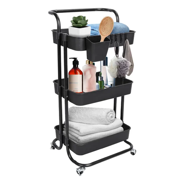 3 Tier Rolling Utility Cart Movable Storage Organizer With Mesh Baskets Lockable Wheels 360 Degree Rotatable Hanging Box Hooks Bedroom Bathroom Kitc_voghion.com