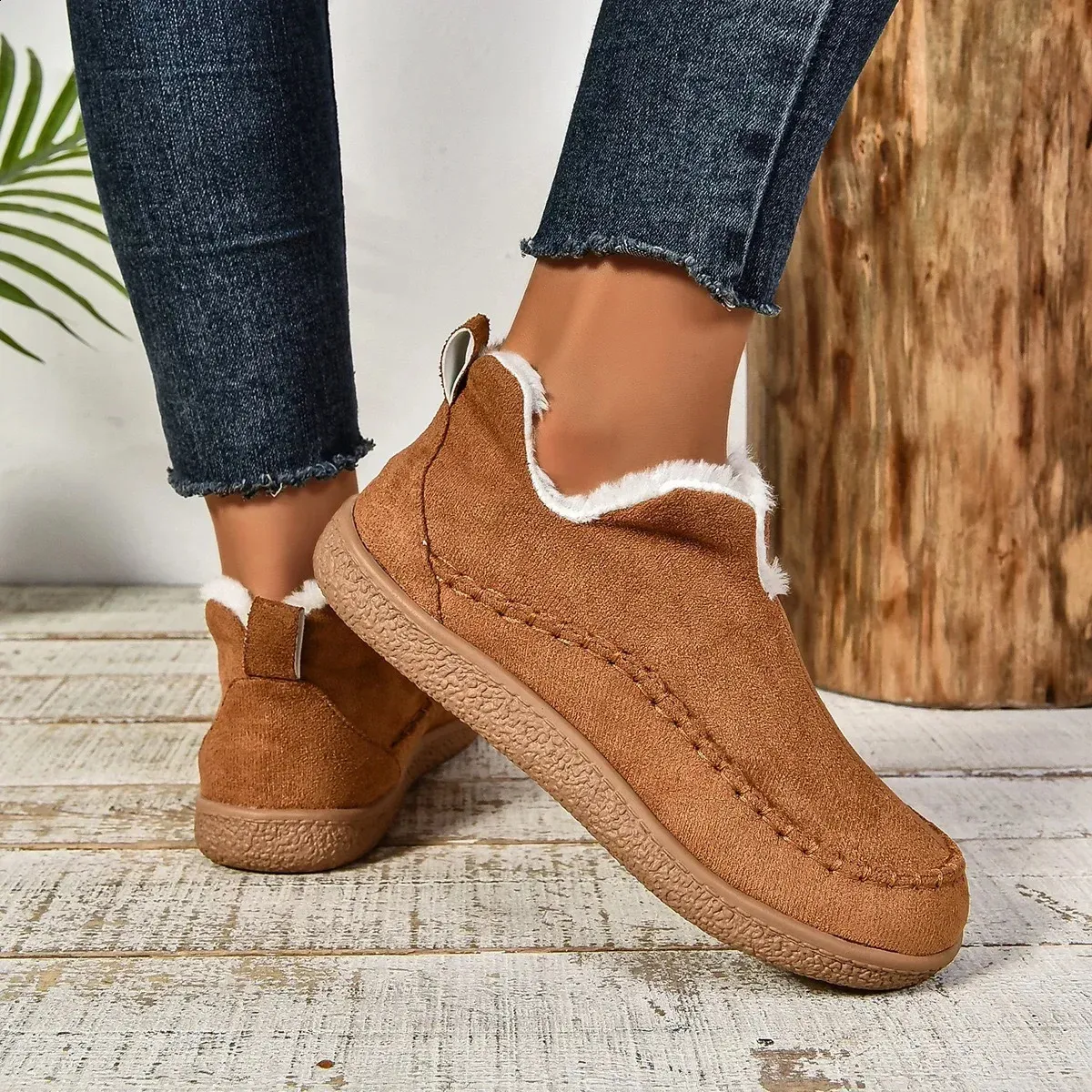 selg long sleeved womens winter round toe plush warm solid flat casual comfortable snow boots 240904_voghion.com