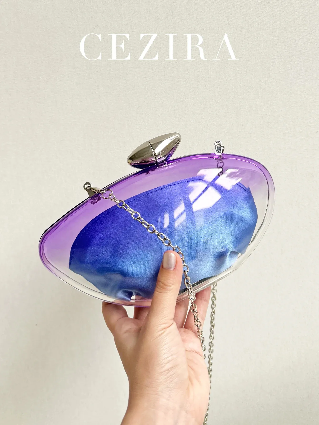 CEZIRA Borsa a mano in acrilico trasparente da donna Borsa da sera alla moda con sfumatura di colore Borsa a tracolla con catena in metallo dorato_voghion.com