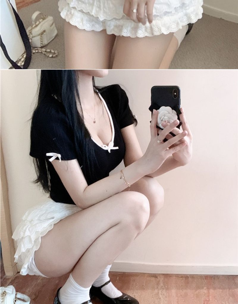 Tricou de vară pentru femei, cu mânecă scurtă, decolteu scurt, cu fundă, Pure Desire, sexy, cu claviculă expusă, cu fundă în U_voghion.com