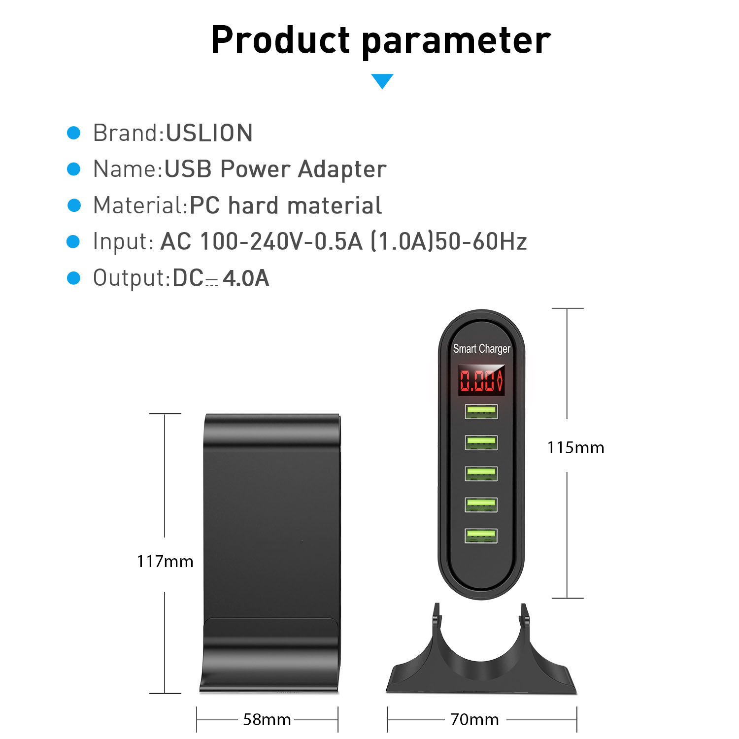 Cargador USB multipuerto de 5 V y 4 A, estándar americano, europeo, vertical, universal, con 5 puertos USB, cargador inteligente para viajes con pantalla digital_voghion.com