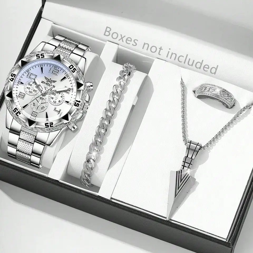 Men's Quartz Watch Set With Bracelet Necklace And Ring For Men_voghion.com