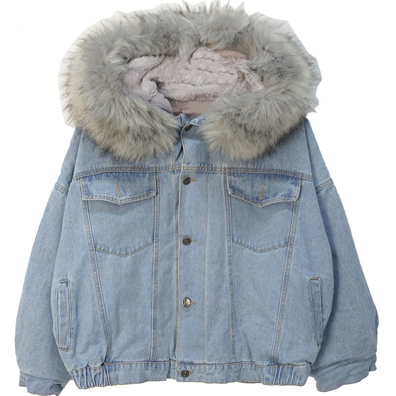 Vêtements pour femmes, hauts en jean à col en fourrure épaisse, vestes courtes amples en coton pelucheux pour femmes_voghion.com