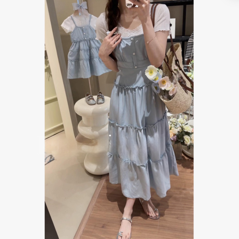Rochie de familie pentru mame și copii, rochie de vară cu dantelă, cu imprimeu floral, pentru mamă și fiică, fustă minimalistă cu flanșe din două piese_voghion.com