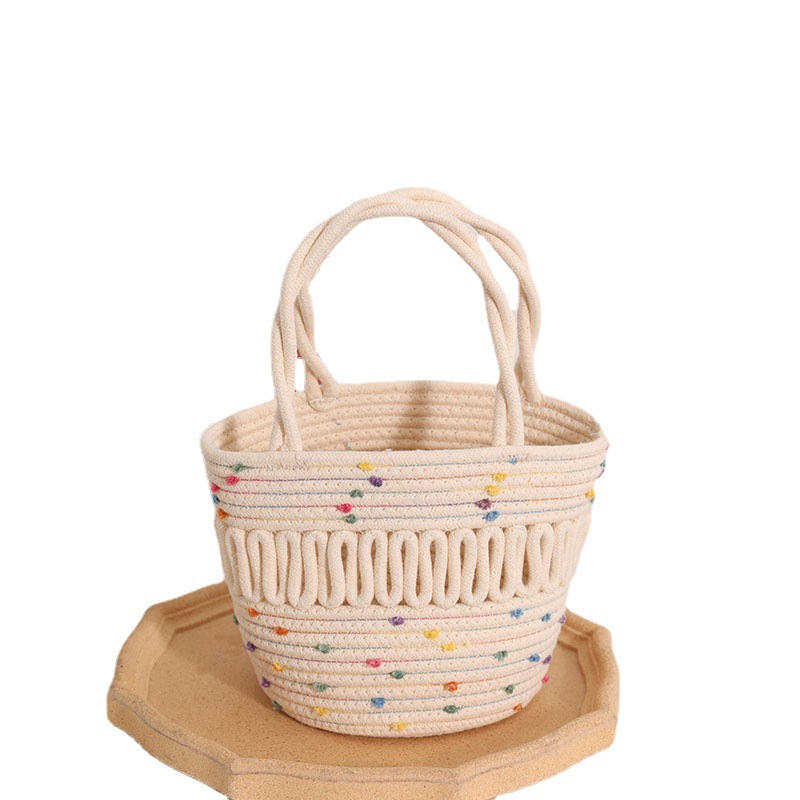 Borsa intrecciata in cotone colorata e carina a pois per le donne, nuova borsa intrecciata in paglia cava e intrecciata, cestino da picnic per le donne_voghion.com