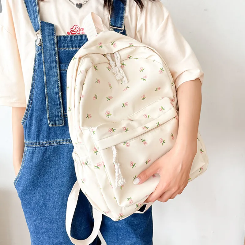 Korean Version Nylon Floral Flower Fashion Junior High School Backpack Travel Bag_voghion.com