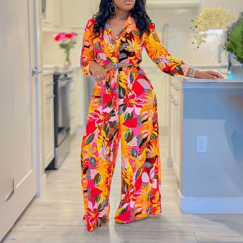 Women's Fashion Print Two-piece Lapel Tie Shirt Wide Leg Pants Suit_voghion.com