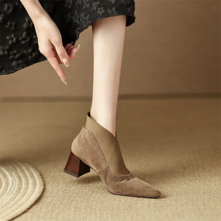 2024 New Spring Square Toe Women Pumps High Women's Heels Party Shoes Retro Kid Suede D074_voghion.com