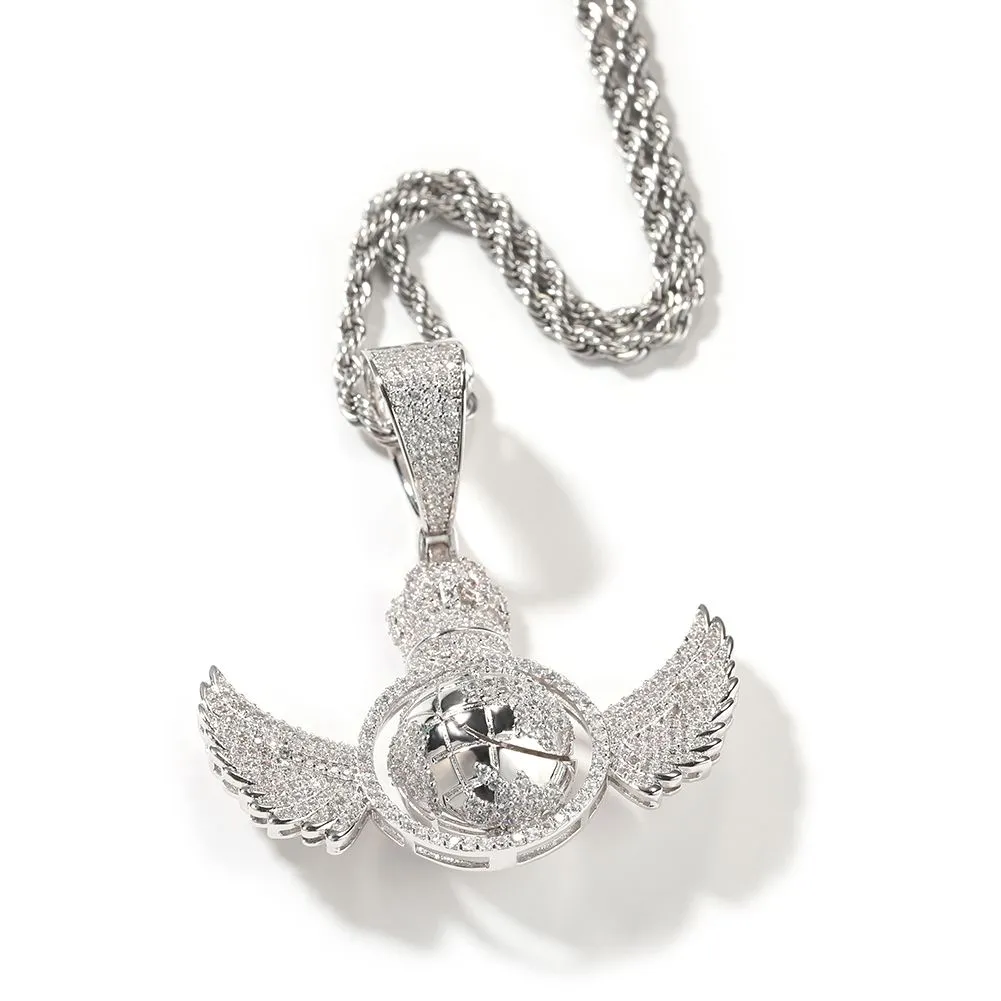 Hip Hop Engelsflügel drehen den Globus Anhänger Halskette voller 5A Zirkon echt vergoldet Schmuck_voghion.com