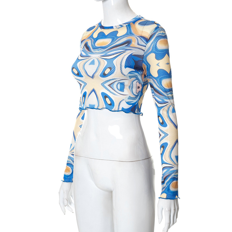 D22TP354 Autunno Nuovo 2024 Girocollo Maglione Manica Lunga Maglia Stampata Ombelico Aperto Top T-shirt Donna_voghion.com