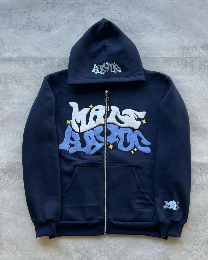 Moške puloverje s kapuco z retro črkovnim potiskom, ameriške ulične modne majice z zadrgo, prevelike puloverje z dolgimi rokavi in ​​hip hop jakno._voghion.com