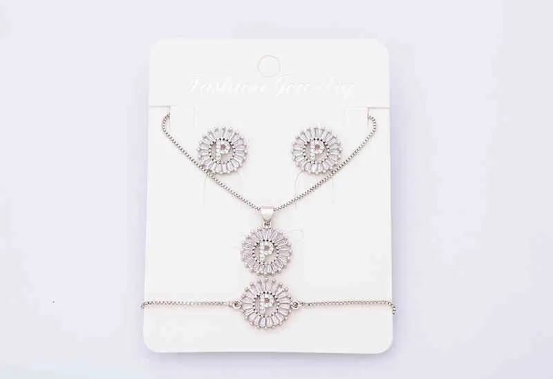 Charm Initial Necklace + Stud Earrings Bracelet Sets Jewelry Copper Zircon White Color A-z 26 Letters Alphabet_voghion.com