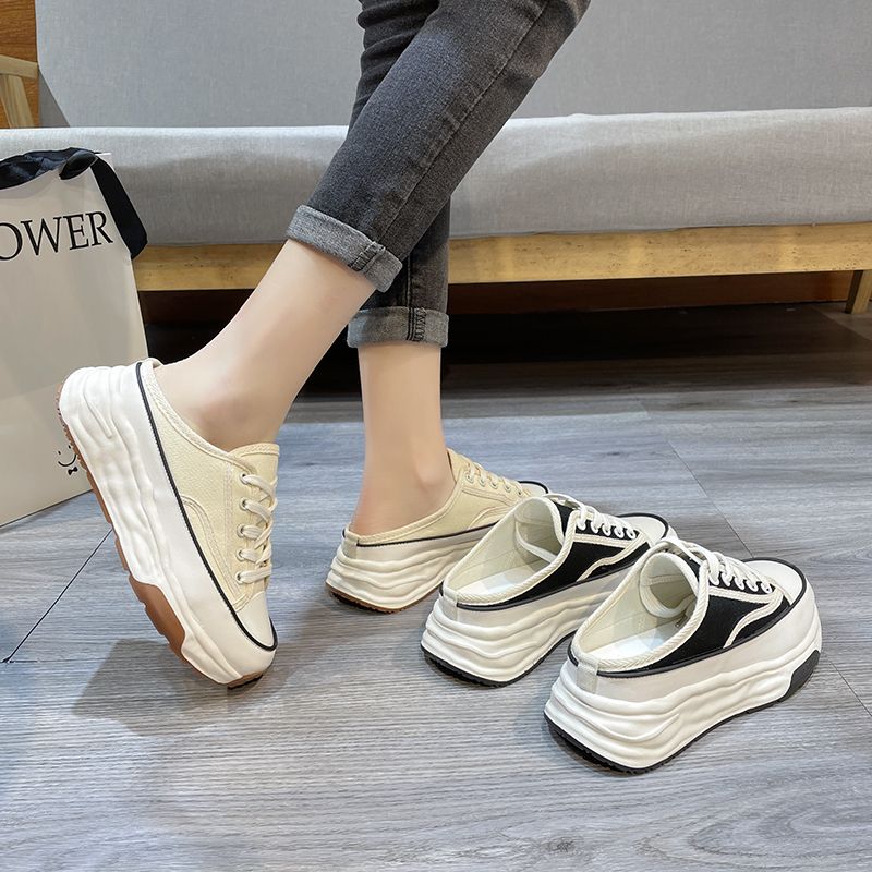 Pantofole casual in tela con lacci e stile Baotou, metà nuovo, primavera-autunno, moda donna 2023_voghion.com