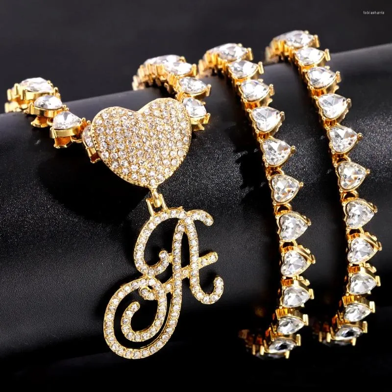 Ķēdes Modes Bling Bruģēts A-Z kursīvs Sākotnējais burts Sirds Tenisa kaklarota Sievietēm CZ Crystal Chain Hip Hop Rotaslietas_voghion.com