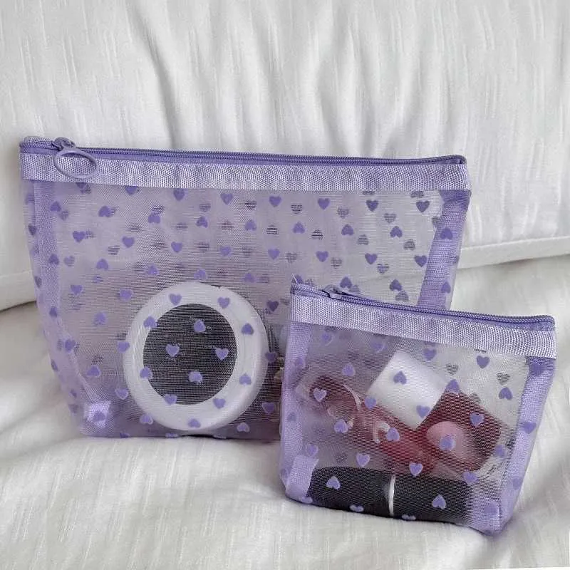 Purple heart-shaped printed mesh transparent portable travel makeup organizer toilet storage paper bag wallet Y241023_voghion.com