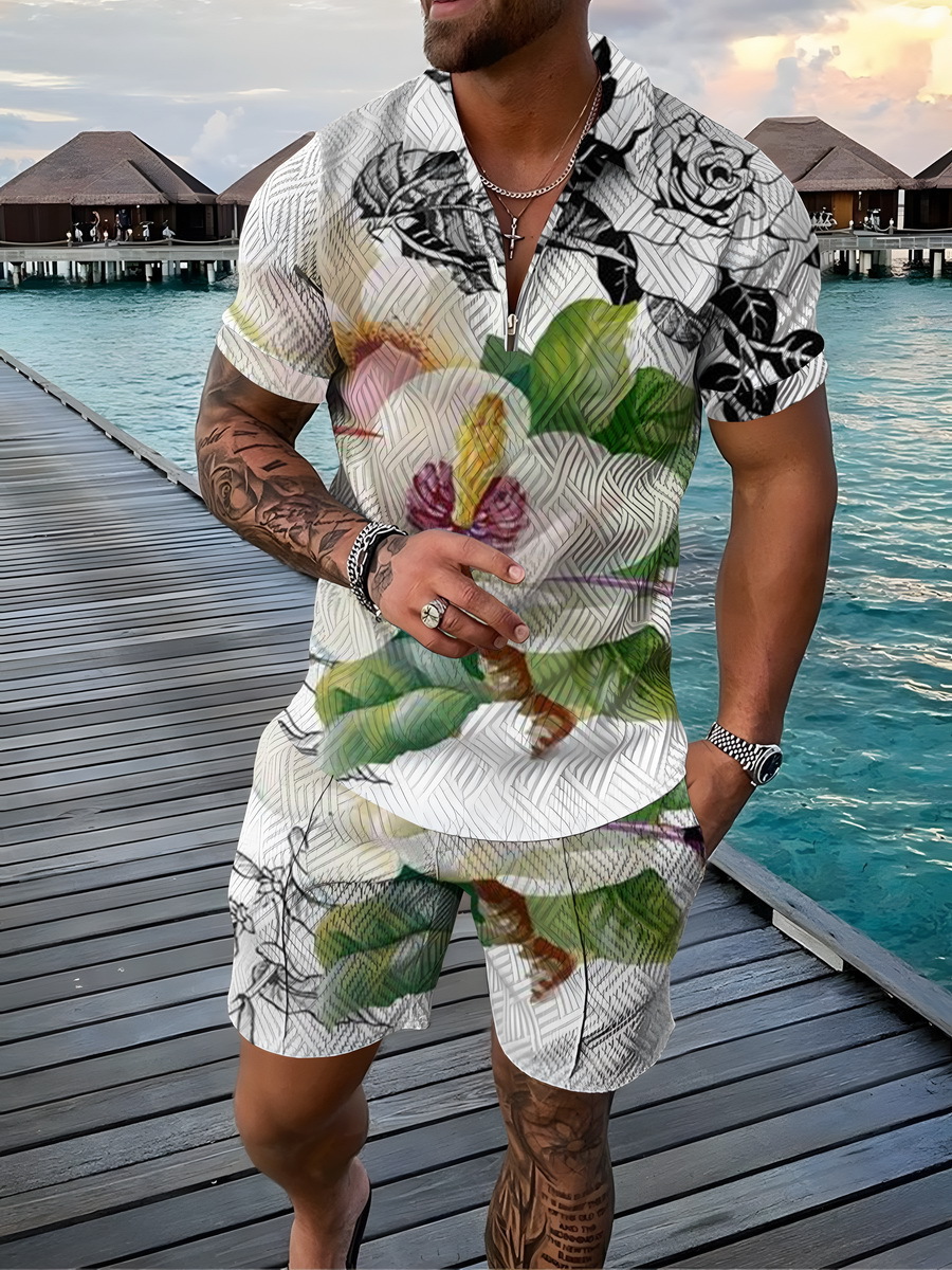 Men's 2pcs, Red Dots Pattern, Trendy Comfy Zip Polo And Plain Drawstring Waistband Shorts Set_voghion.com