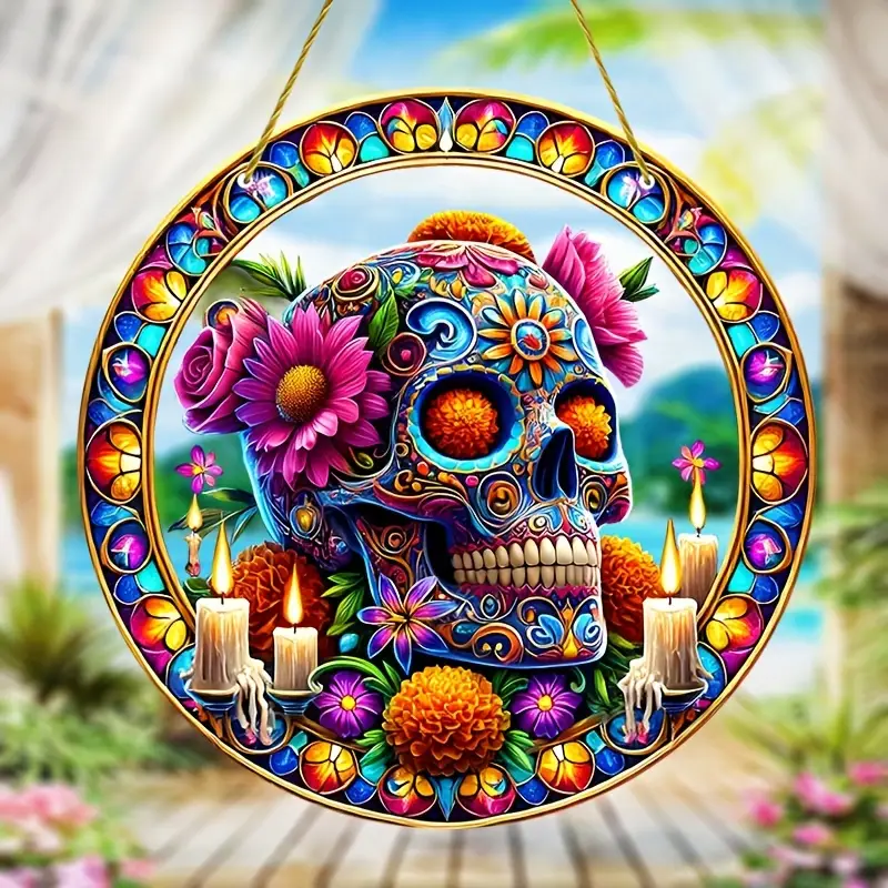 Vibrant Sugar Skull Suncatcher - 9" Stained Acrylic Art. Festive Decor For Dia De Muertos Celebrations Or Cafe Spaces._voghion.com