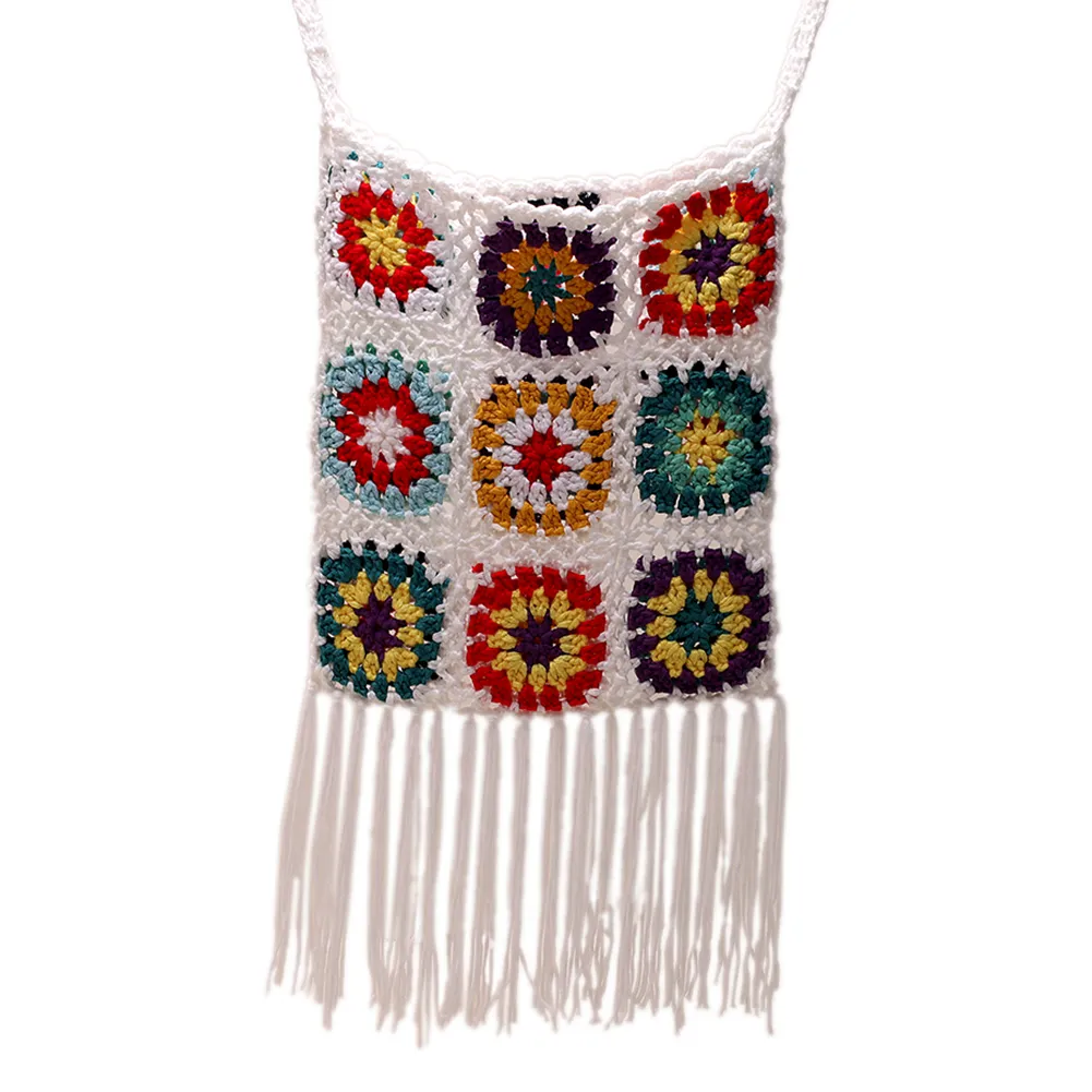 Borsa a tracolla da donna in maglia a traliccio con nappa, stile etnico, bohémien, morbida e traforata, intrecciata_voghion.com