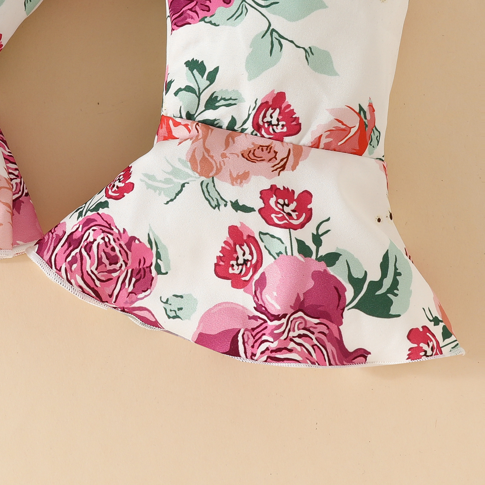 Mother & Kids Baby long-sleeved trousers four-piece set Newborn long-sleeved triangle romper flower bow flared trousers hat headband_voghion.com