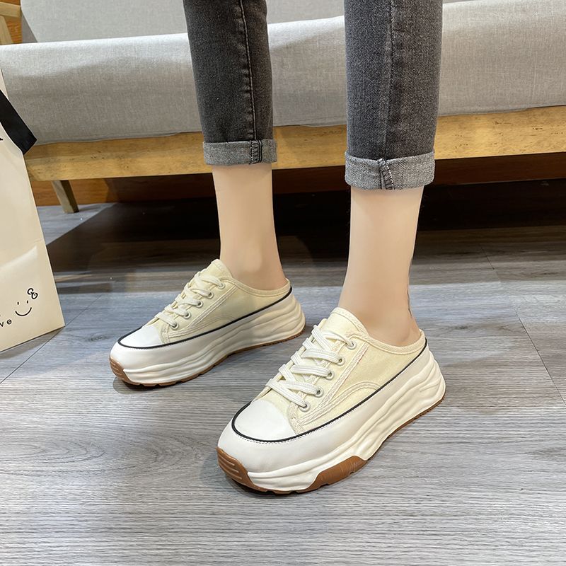 Pantofole casual in tela con lacci e stile Baotou, metà nuovo, primavera-autunno, moda donna 2023_voghion.com