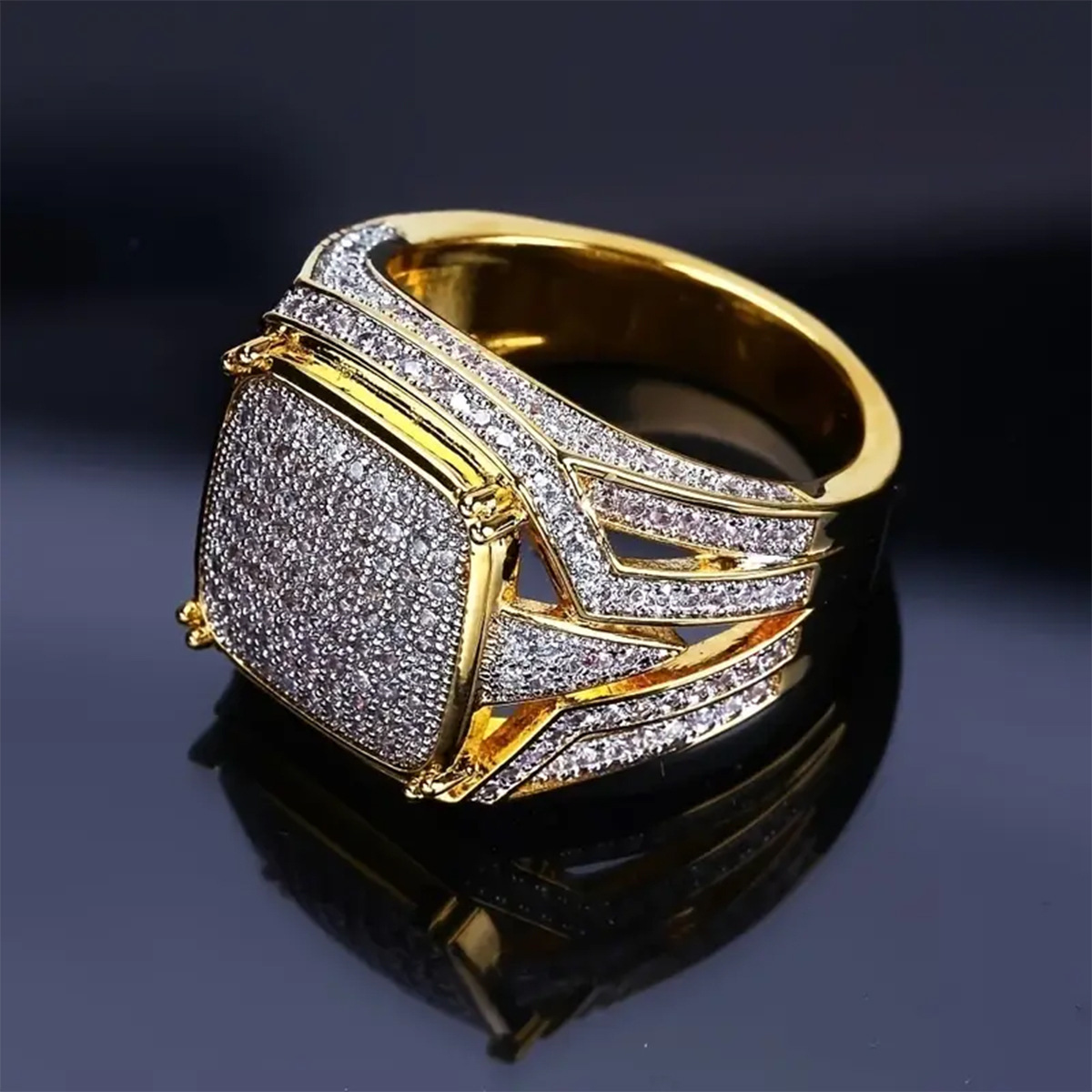 Hip hop domineering micro inlaid plated color separation business OL simulation diamond ring trendy men's jewelry