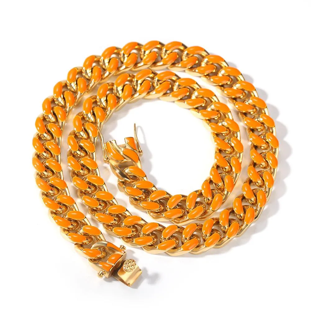 Personalised Enamel Cuban Link Chain Necklace For Men Gold Colour_voghion.com