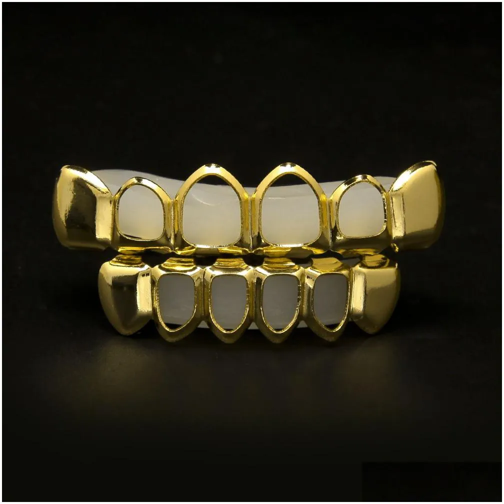 Grillz, Griglie Dentali Nuovo Vero Oro Placcato Iced Out Hiphop Denti Cavi Grillz Top Grill Halloween Festa di Natale Regalo_voghion.com