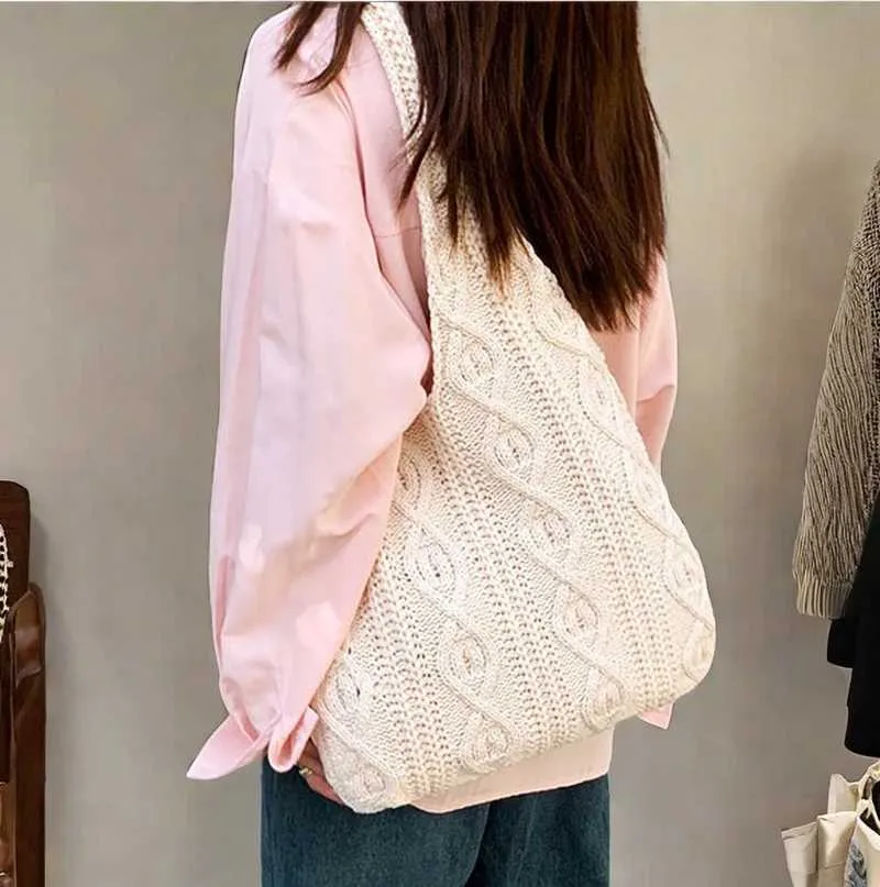 New Vintage Wool Knitted Hand Woven Shoulder Bag For Women Casual Shopping Handbag Large Capacity Female hetC241105_voghion.com