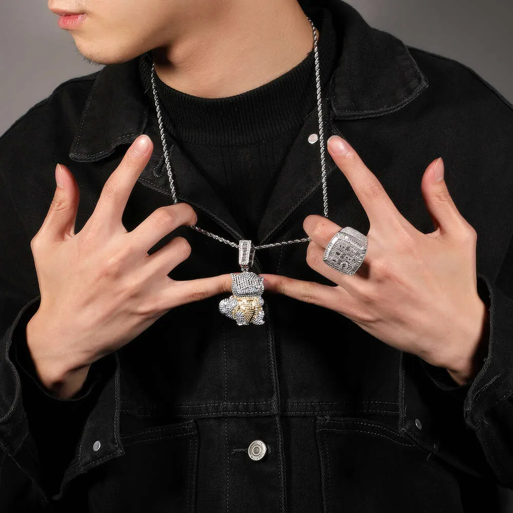 Collana con ciondolo a forma di tartaruga Jeannie dei cartoni animati hip hop, con ciondolo a forma di catena e personalità, con diamanti taglio brillante, in oro e argento sterling._voghion.com