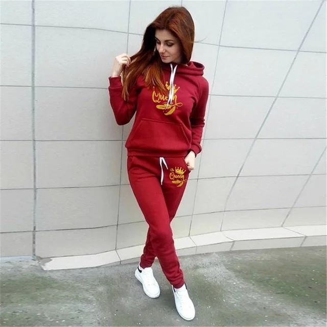 Neues Damen-Sportbekleidungsset mit Kapuzenpullover und Jogginghose mit Queen-Print für Herbst und Winter, Langarm_voghion.com