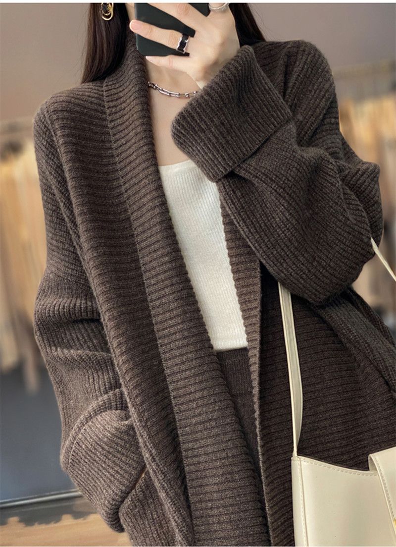 Women's Clothing 2023 mid length lazy style knitted cardigan women's loose design lapel thickened solid color sweater_voghion.com