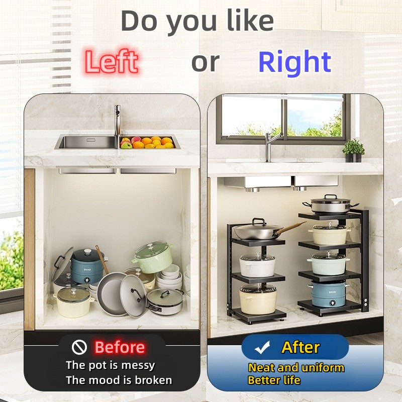 Kitchen Shelves Storage Organizer Pot Rack Multi Layer Stainless Steel Free Layering Placed on the Ground Storage Under Sink_voghion.com