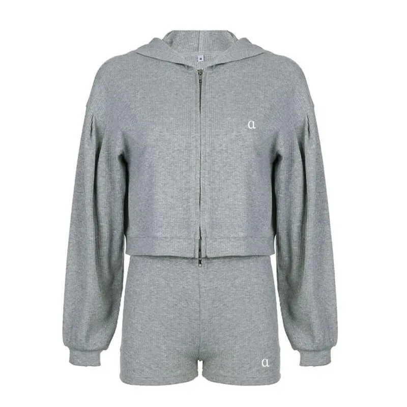 ALL121 Yoga Topp Sweatshorts Hettegenser Tre stk sett Dame Sport Dress Strikket Glidelås Hette Cardigan Sweatshirt Vneck_voghion.com