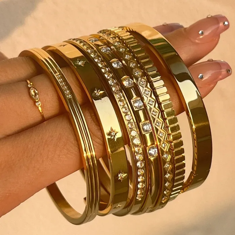 New Waterproof Stainless Steel Stacking Open CZ Cuff Bangles Gold Plated Star Zircon Bracelet Women INS Summer 2022_voghion.com