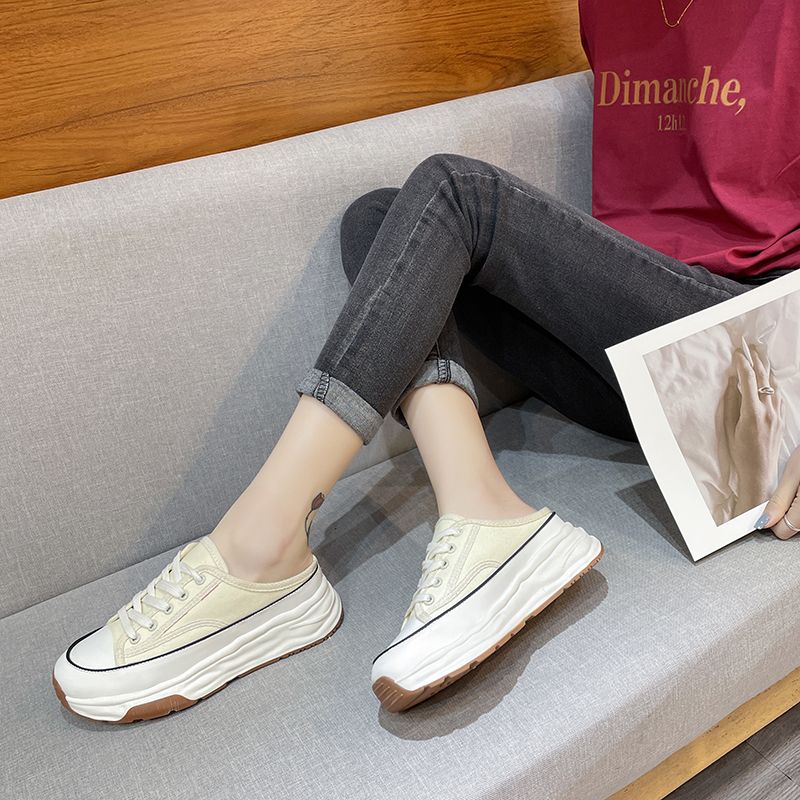 Pantofole casual in tela con lacci e stile Baotou, metà nuovo, primavera-autunno, moda donna 2023_voghion.com