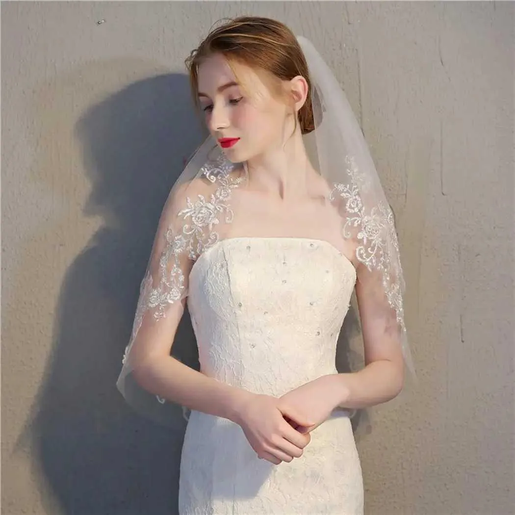 Hair Jewelry Bridal Lace Wedding for Brides 2-Tier Appliqued Short Waist Length Bride Veil with Comb Soft Tulle Veils_ipsvogv.com