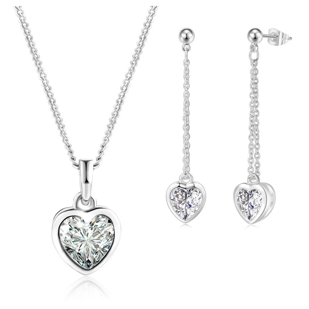 Collana e orecchini con ciondolo a forma di cuore minimalista in zircone per donna, set di gioielli di fidanzamento placcati in oro_voghion.com