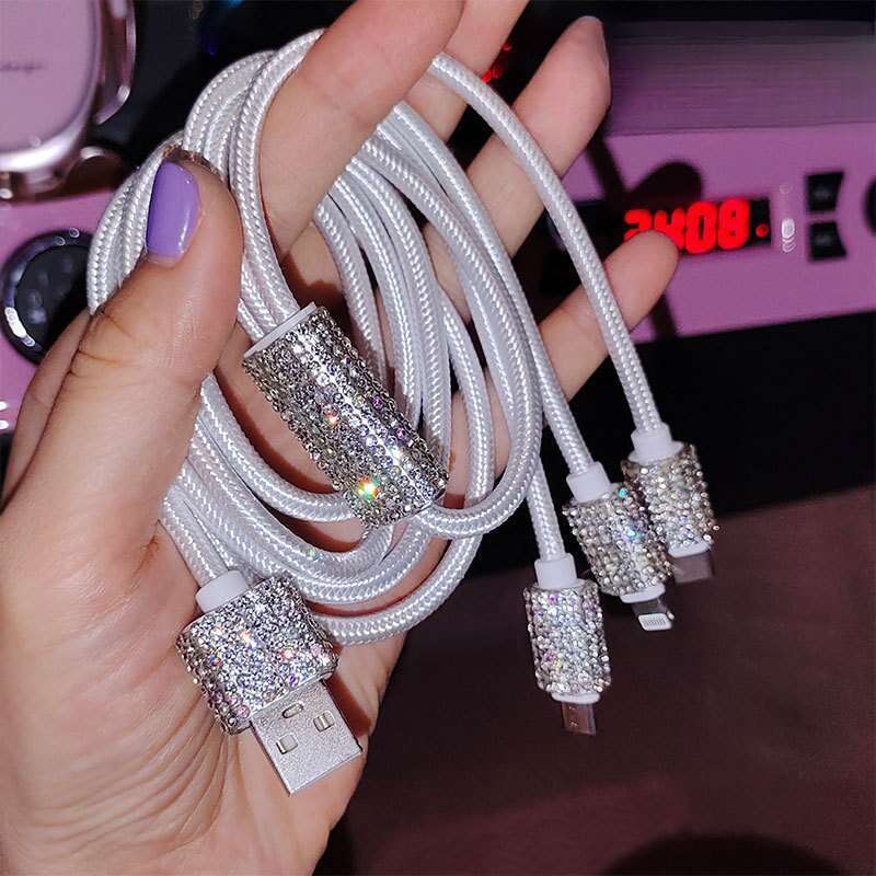 Elmas Gömülü Bir ila Üç Hızlı Şarj Veri Kablosu, Araba USB Çakmak, Cep Telefonu Şarj Cihazı_voghion.com