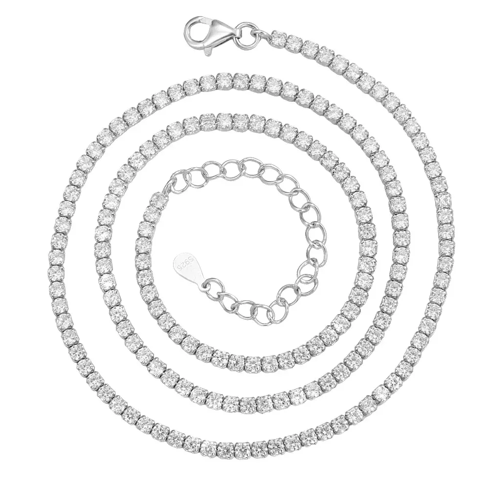 Cadenas finas de 2 mm con diamantes de moissanita y cadena cubana de plata, collar de oro real para mujer, joyería con piedra de circón, collares para el cuello_voghion.com