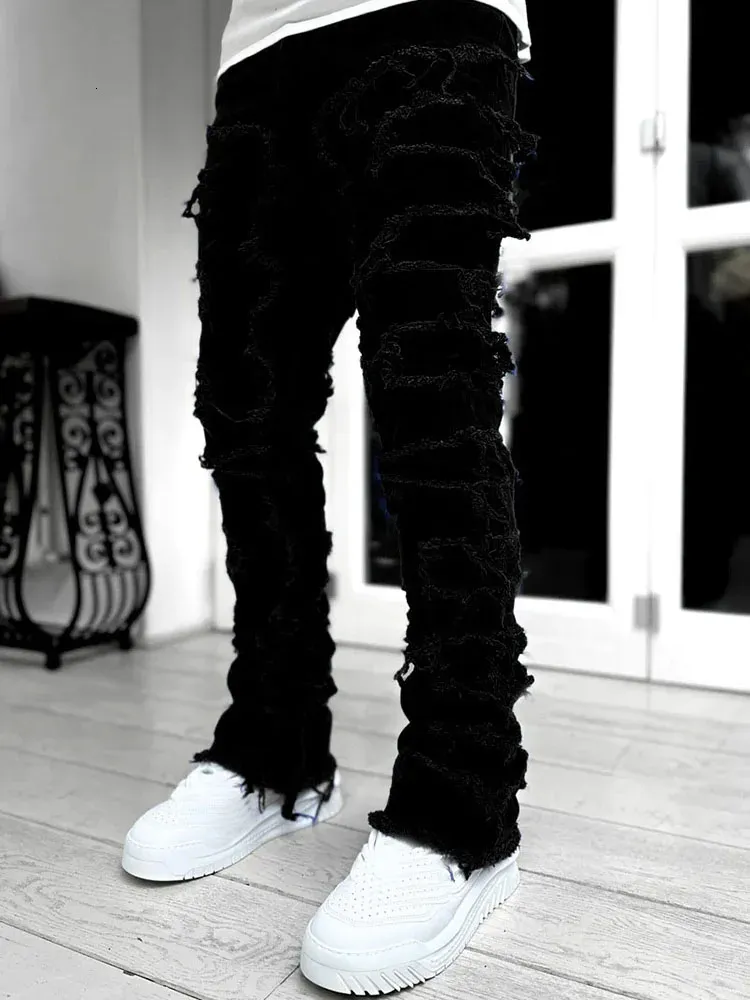 High Street Weiße Herren Stacked Jeans Stretched Patchwork Tassel Damaged Denim Volle Länge Hosen Hippop Hosen Für Männer_voghion.com